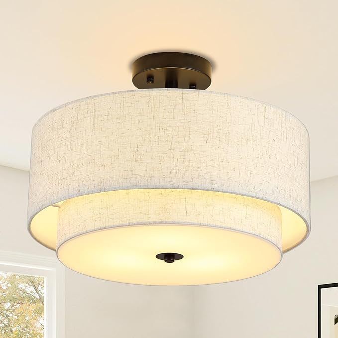 16" Semi Flush Mount Ceiling Light Fixture, 3-Light Gold Flush Mount Ceiling Light with Double Drum Linen Shades for Entryway Dining Room Bedroom Kitchen Hallway Living Room, E26 Socket