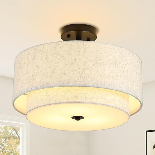 16" Semi Flush Mount Ceiling Light Fixture, 3-Light Gold Flush Mount Ceiling Light with Double Drum Linen Shades for Entryway Dining Room Bedroom Kitchen Hallway Living Room, E26 Socket