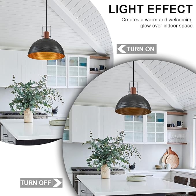16 Inch Black Pendant Lights Hammered Matte Pendant Lights for Kitchen Island Industrial Farmhouse Adjustable Height Dome Hanging Light Fixtures for Barn, Dining Room 2 Packs