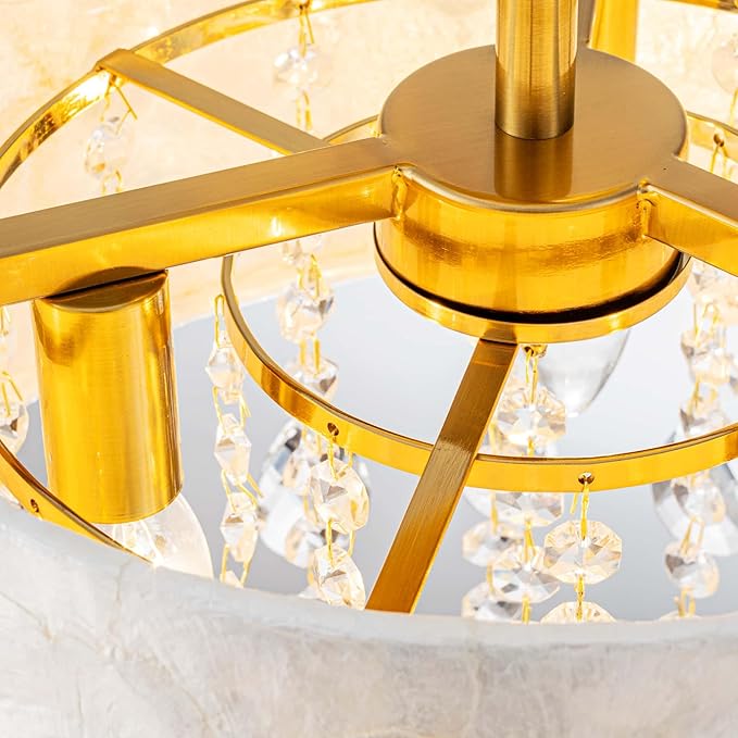 12inch 3-Light Capiz Shell Crystal Ceiling Light, Coastal Design Semi-Flushmount Drum Light Fixture for Hallway, Living Room, Bedroom, Clear Crystal & Shell Lampshade & Gold Finish Frame