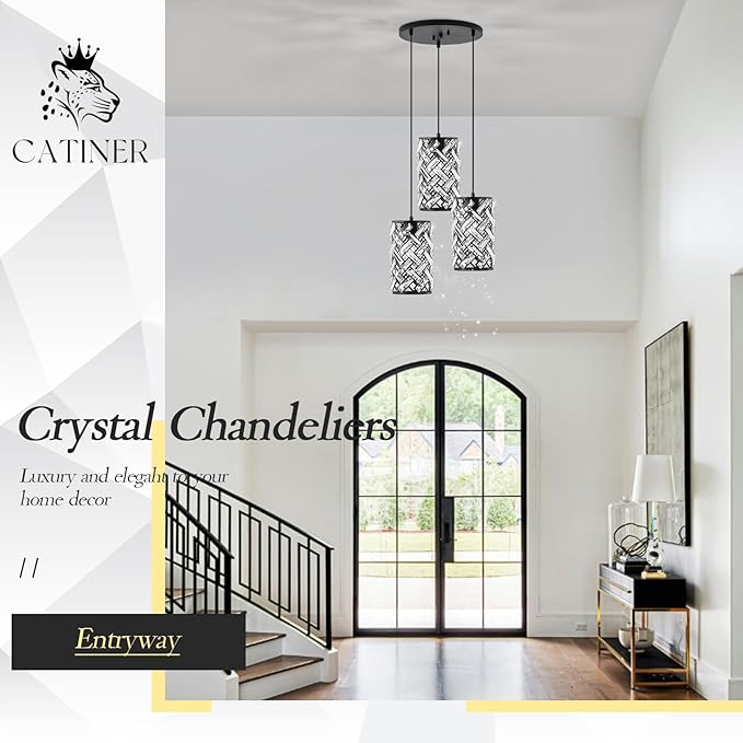 CATINER 3 Lights Crystal Pendant Light Modern Black Mini Chandelier, Adjustable Cluster Pendant Light Fixture for Kitchen Island Dinning Room Bedroom Hallway Porch
