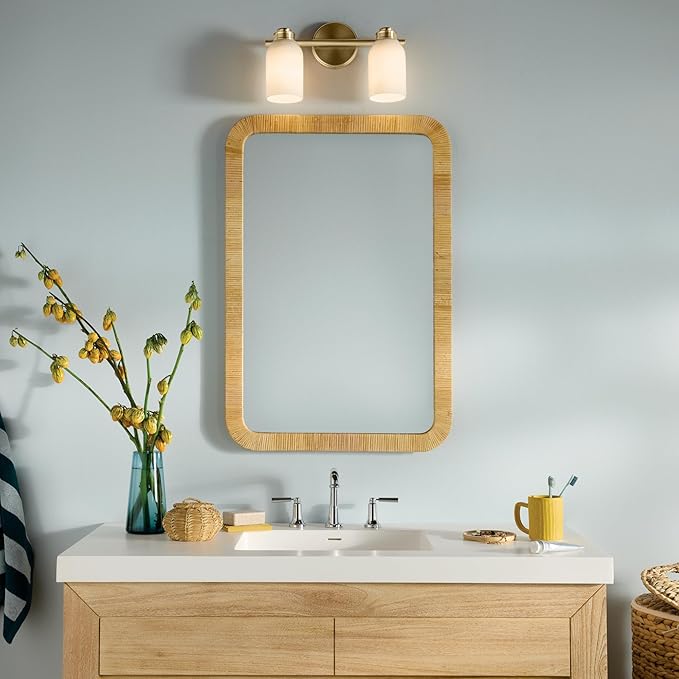 Kichler Shae 15" 2-Light Vanity Light Fixture with White Opal Glass in Champagne Bronze for Bathroom Vanity Over Mirror, Modern Coastal Style (15" W x 9" H), 55201CPZ