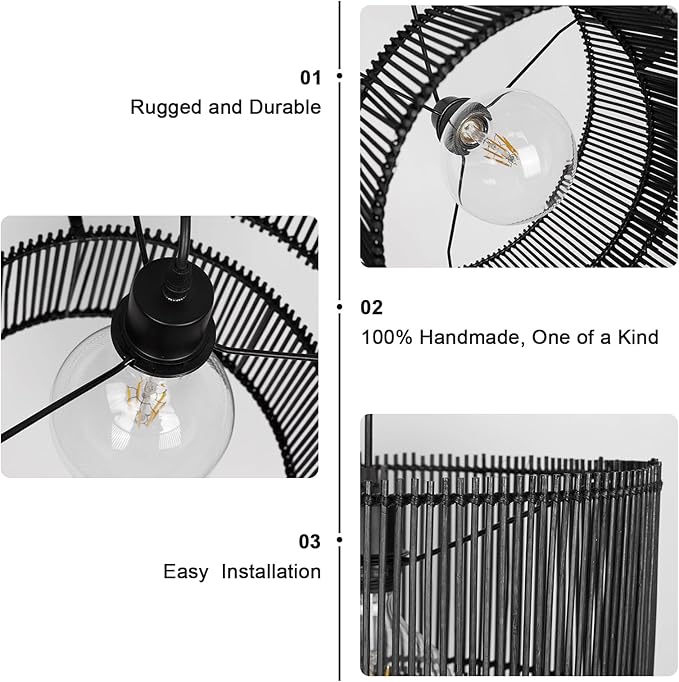 Woven Rattan Pendant Lamp, 16 Inch Large Natural Simple Hand Weaved Coastal Beach Black Rope Hanging Pendant Light Fixture for Dining Room Living Room Bedroom Kitchen Foyer