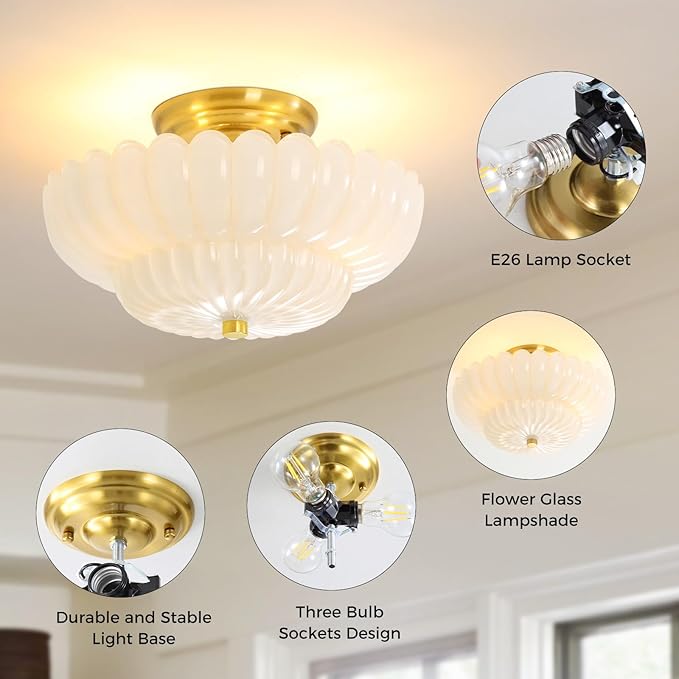 Semi Flush Mount Ceiling Light Fixture Vinatge Gold Ceiling Lights Mid Century Modern Milk White Glass Close to Ceiling Lighting Fixtures for Bedroom Hallway Foyer Bathroom Kitchen Laundry Room