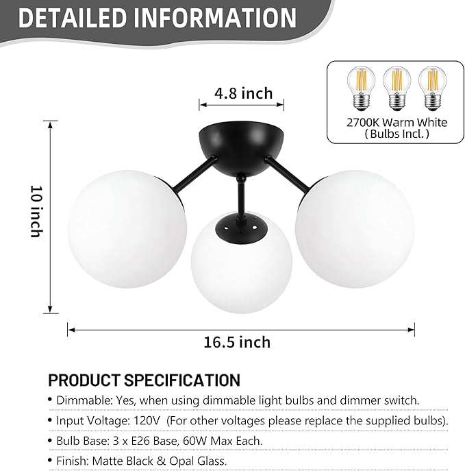 3-Light Mid Century Modern Semi Flush Mount Ceiling Light, Opal Glass Globe & Matte Black, Dimmable, UL Certified, for Bedroom, Kitchen, Living Room (Bulb Incl.)
