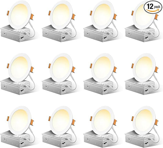 12 Pack 4 Inch 5CCT Ultra-Thin LED Recessed Ceiling Light with Junction Box, 2700K/3000K/3500K/4000K/5000K Selectable, 700LM Brightness, Dimmable Canless Wafer Downlight, 10WEqv90W, ETL&FCC