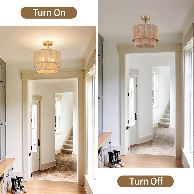 3-Light Boho Light Fixtures Ceiling Mount, 12.6" Rattan Semi Flush Ceiling Light with 2-Tier Shade, Rustic Hand-Woven Chandelier for Hallway Kitchen Foyer Farmhouse Bedroom