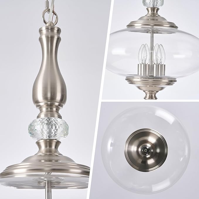 Modern Glass Large Pendant Light Brushed Nickel 5-Light Chandelier for Dining Room, Kitchen Island, H 27.5" x W 15.7", Adjustable Hanging Height