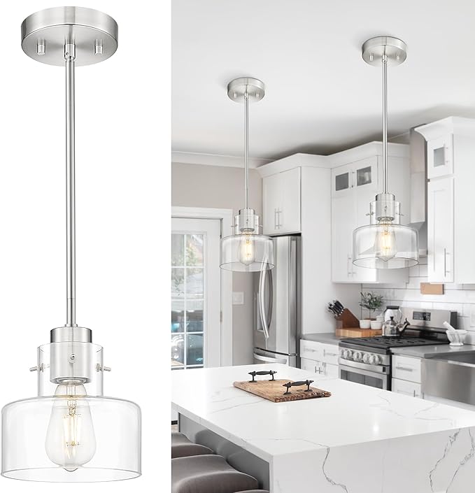 Brushed Nickel Pendant Lights Kitchen Island, 6" Pendant Light Fixtures Over Island with Clear Glass Shade, Modern Kitchen Island Lighting for Dining Room Entryway, PL124-BN-G-1PK