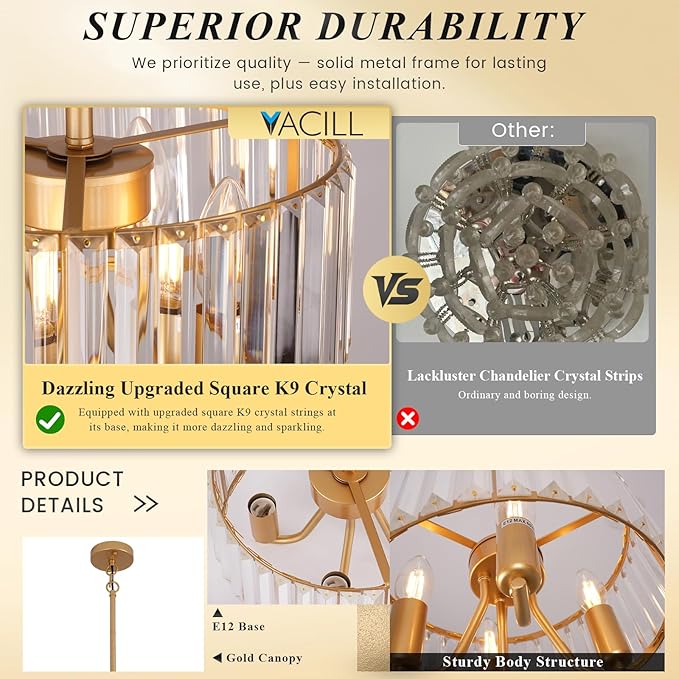 Gold Crystal Chandelier, 4-Light Candle Style Crystal Drum Chandelier, Modern Semi Flush Mount Ceiling Chandelier Light Fixtures for Dinning Room Living Room Kitchen Bedroom Hallway Entryway,11.6 Inch