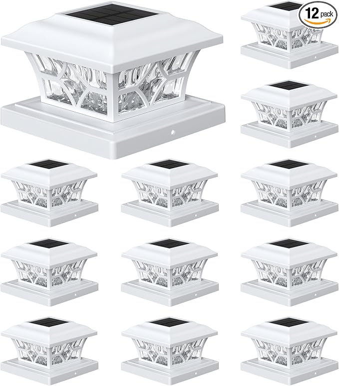 APONUO Solar Post Cap Lights 12 Pack with 1000mAh Battery - for 4x4 5x5 6x6 Fences, Larger Size & Longer Lasting, 2-Mode, IP64 Waterproof, for Deck Patio Yard (White)