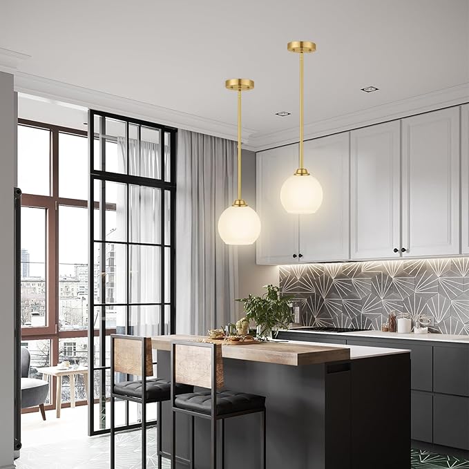 Modern Gold 2-Pack Pendant Light Fixture, Globe Shape, Adjustable Height, Kitchen Island, Dining Room, Living Room, Milk Frosted Glass Shade, ETL Listed