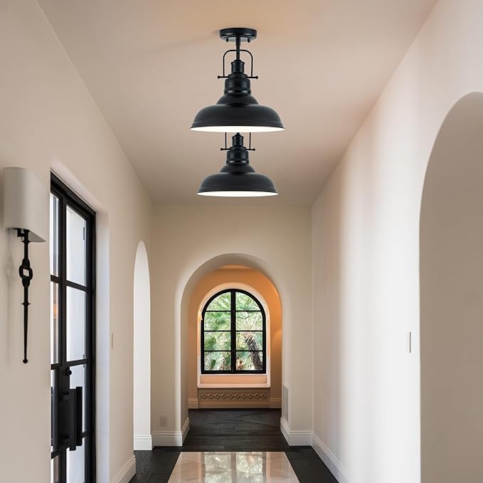 Zlepmlla Famrhouse Ceiling Light, Semi Flush Mount Light Fixture with Metal Dome Shade, Balck Ceiling Light for Hallway, Entryway,Kitchen