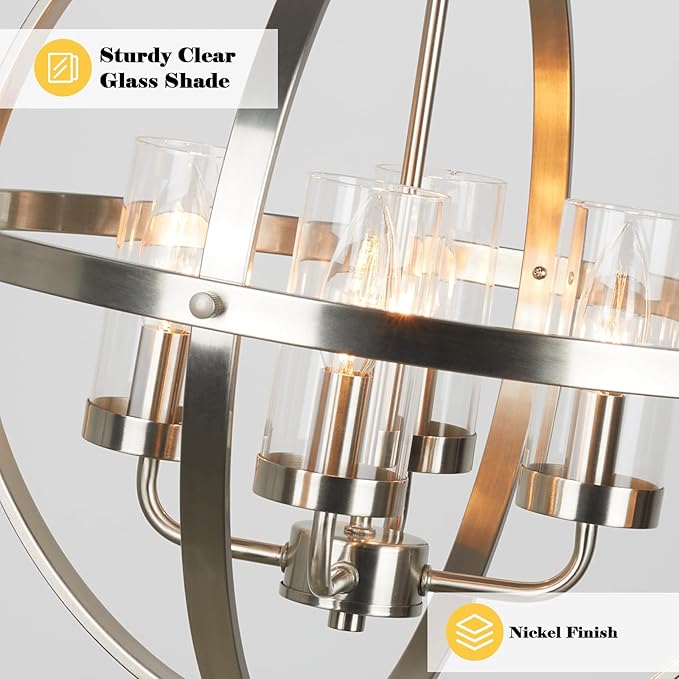 Treekee Chandelier Farmhouse Hanging Lighting, 4-Light Globe Orb Chandelier, Adjustable Modern Farmhouse Pendant Light Fixture for Dining Entryway Foyer, Brushed Nickel Finish