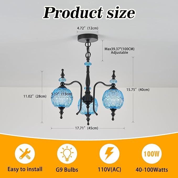Vintage Blue Pendant Light Fixtures, 3-Light Chandeliers for Kitchen Bedroom Living Room Dining Room Hallway