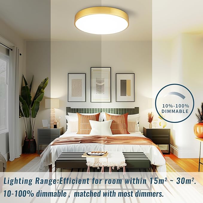 Gold LED Ceiling Light Fixture Flush Mount 15 inch 36W, Dimmable Light Fixtures Ceiling Mount LED, Modern Kitchen Lighting Fixtures for Bedroom, Bathroom, Living Room