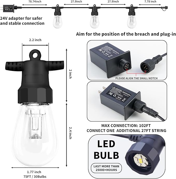 CAWWS Outdoor String Lights 75FT, Outdoor Lights for Patio with 30 Dimmable RGBW LED Bulbs, IP66 Waterproof Shatterproof, with APP Control & Remote, 24V Adapter Color Change,for Backyard Décor