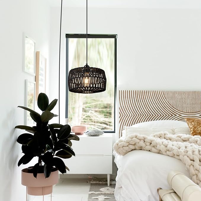 11.42’’ Black Woven Plug in Pendant Light Fixture, Rustic Round Ceiling Hanging Light with Plug in Cord & On/Off Switch for Entry Bedroom Kitchen Island Living Dining Room Foyer