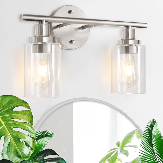2-Light Wall Sconce Light Fixtures, Brushed Nickel Finish Wall Light with Clear Glass Shade, Modern Vanity Lighting, Wall Lamp for Bathroom Mirror