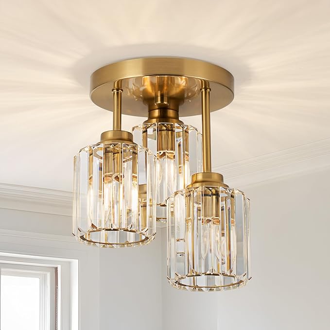 Gold Close to Ceiling Light Fixtures, 3-Light Crystal Ceiling Light with Clear K9 Crystal Shades, Modern Semi Flush Mount Ceiling Light for Hallway Kitchen Bathroom Entryway