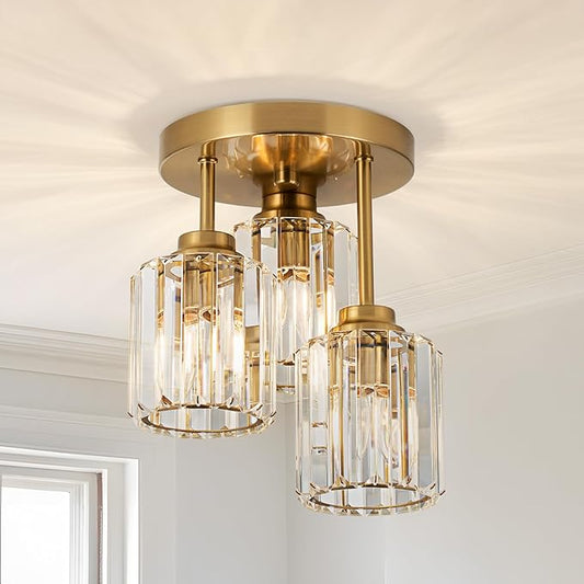 Gold Close to Ceiling Light Fixtures, 3-Light Crystal Ceiling Light with Clear K9 Crystal Shades, Modern Semi Flush Mount Ceiling Light for Hallway Kitchen Bathroom Entryway