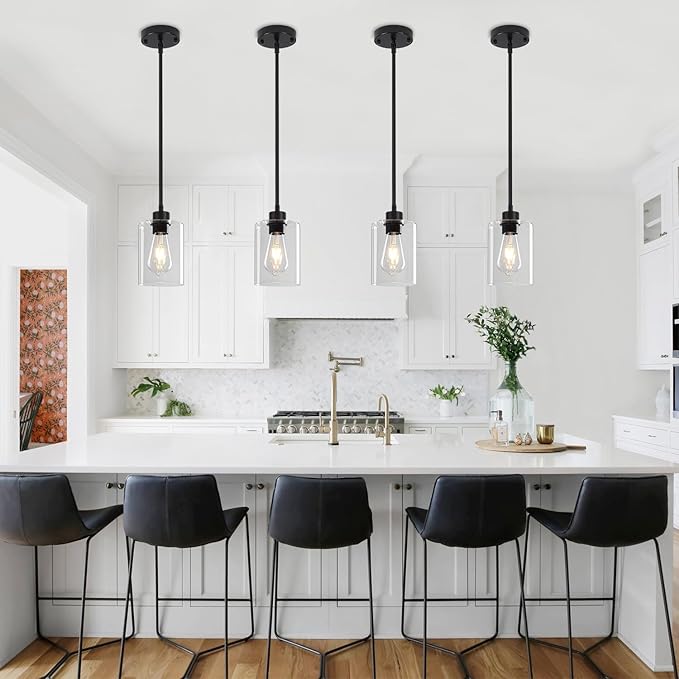 3 Pack Black Pendant Lights Kitchen Island, Modern Glass Pendant Lighting Over Island Kitchen Hanging Dining Room Light Fixtures Adjustable Pendant Lights for Bathroom Hallway Entryway Bedroom