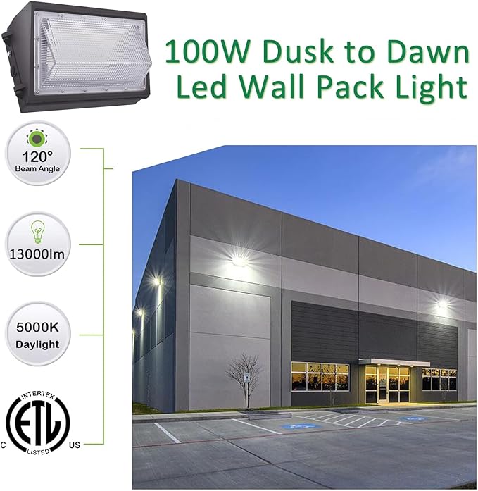 LED Wall Pack Light with Dusk to Dawn Photocell,100W 13000LM 5000K Daylight Wall Pack, AC100-277V Input,500W HPS/HID Equivalent, Waterproof Commercial Security Lighting for Warehouses, Garage, 2 Pack