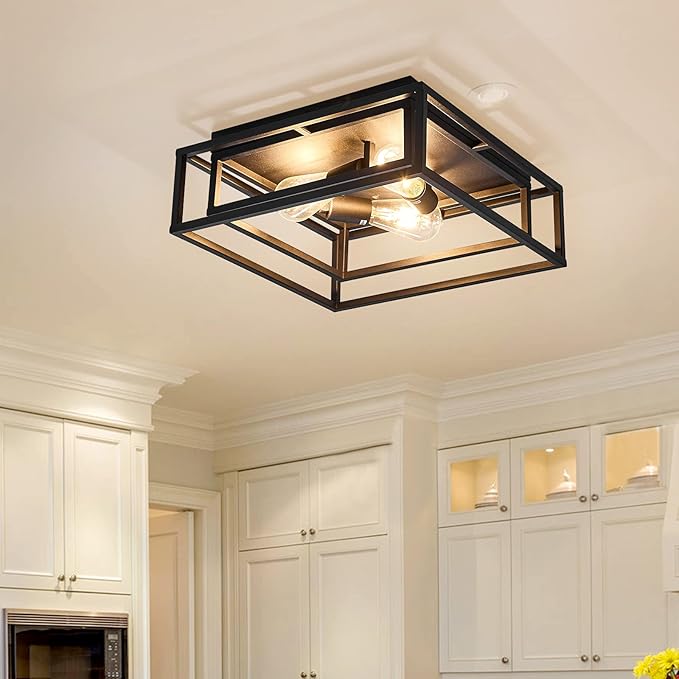 ZGLAOJT Black Flush Mount Ceiling Light Fixture，3-Light Industrial Metal Close to Ceiling Lights，Farmhouse Lighting for Hallway Bedroom Kitchen Dining Room