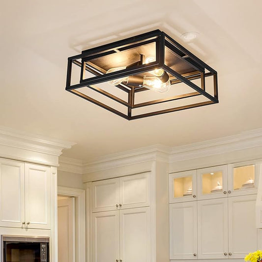 ZGLAOJT Black Flush Mount Ceiling Light Fixture，3-Light Industrial Metal Close to Ceiling Lights，Farmhouse Lighting for Hallway Bedroom Kitchen Dining Room