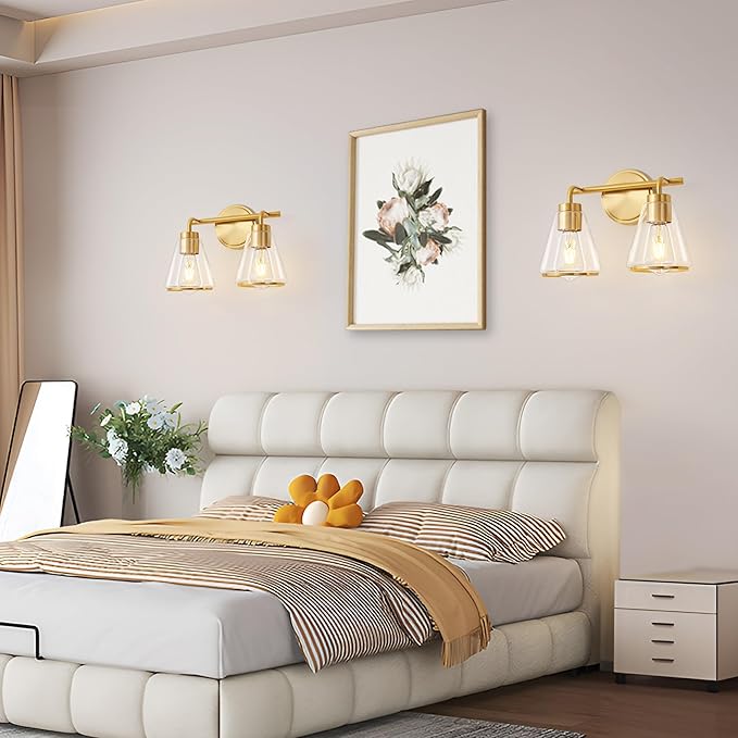 Bathroom Light Fixtures Over Mirror Gold Vanity Lights 2-Lights Bathroom Vanity Light with Clear Glass Shade 14 inch Vanity Lighting Fixtures Modern Wall Sconces Lights for Barth