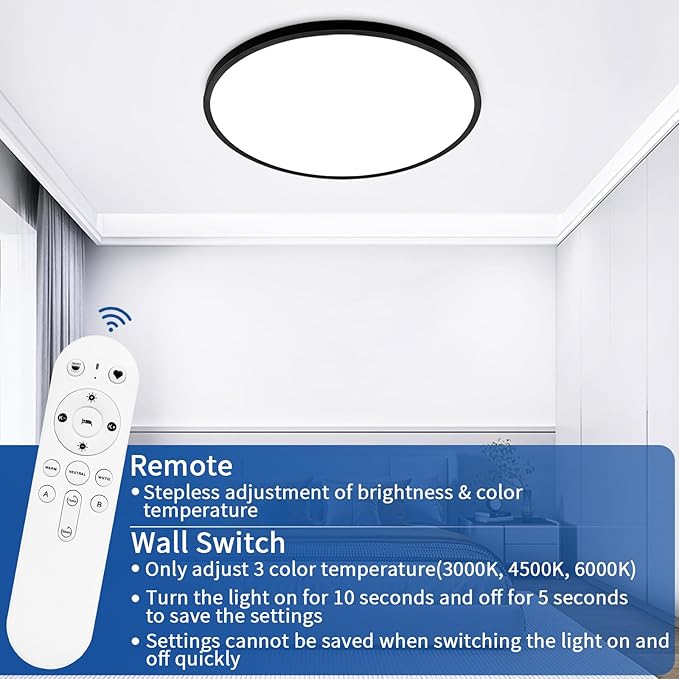 20 Inch Black Led Ceiling Light, Dimmable with Remote Control, Modern, Ultra Thin Flush Mount, Round Light Fixtures, 48W, 4800 Lumen, for Bedroom, Living Room, Kitchen, Dining Room