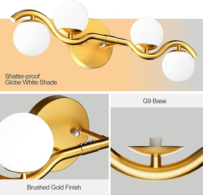 Lightdot 27" 4-Light S-Frame Gold Bathroom Vanity Light | Shatterproof Plastic Shades | Compatible with TRIAC Dimmers | G9 Socket & Bulbs Included
