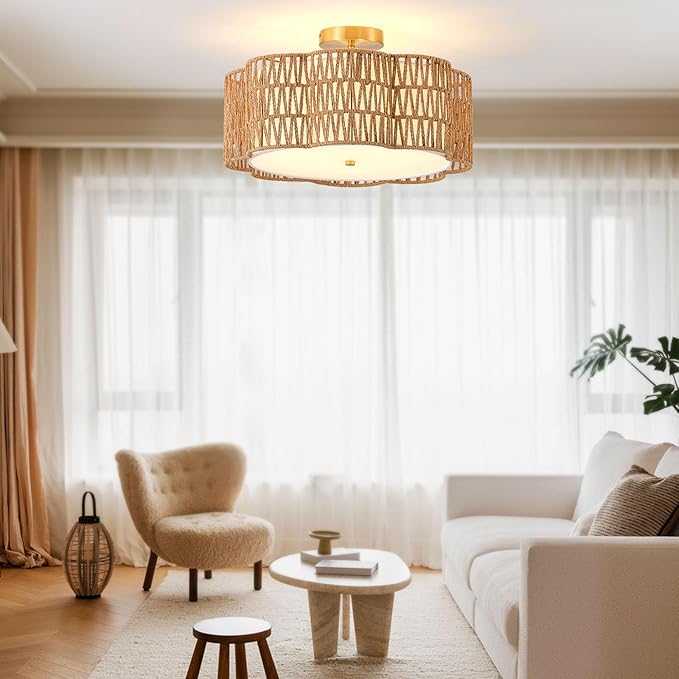 17.7" Rattan Ceiling Light Flush Mount, 3-Light Boho Close to Ceiling Light Fixtures, Rattan Bedroom Ceiling Light Farmhouse Large Drum Chandelier for Dining Room Kitchen Hallway(3-Tier Yellow)