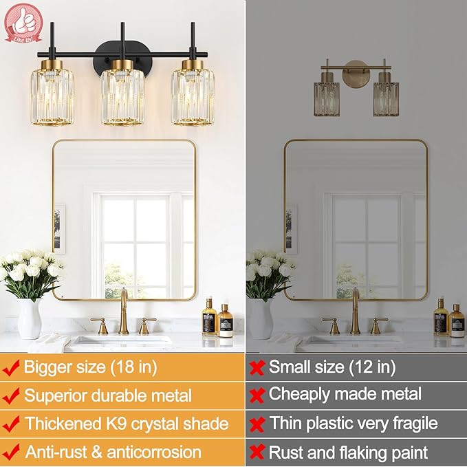 Modern Crystal Bathroom Vanity Light, 3-Light Black & Gold Vanity Lighting Fixture with Clear K9 Crystal Shades, Adjustable Up/Down Installation, E26 Base (Bulbs Not Included)