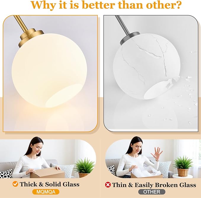 1 Pack 7.2-Inch Globe Pendant Lights, Mid Century Gold Pendant Light Fixtures, Globe Pendant Lights Kitchen Island with Milk Glass Shade Adjustable Hanging Fixture for Dining Room (Bulbs not Included)