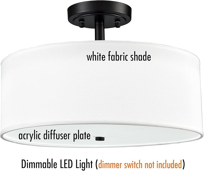Black Dimmable LED Ceiling Light 30W 3000K/4500K/5500K 15-Inch Modern Farmhouse Drum Light Fixtures Matte Black Semi Flush Mount Lamp for Bedroom Hallway Living Room