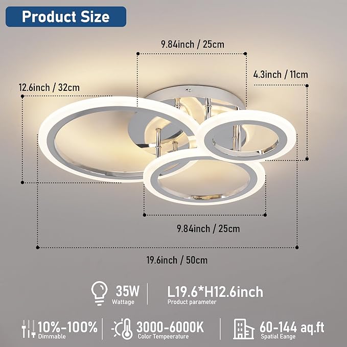 Dimmable Modern Led Ceiling Light 3 Rings Dimming Circle Modern Living Room Light Fixture Chrome Acrylic Flush Mount Ceiling Light with Remote for Bedroom Bathroom Kitchen Balcony Corridor
