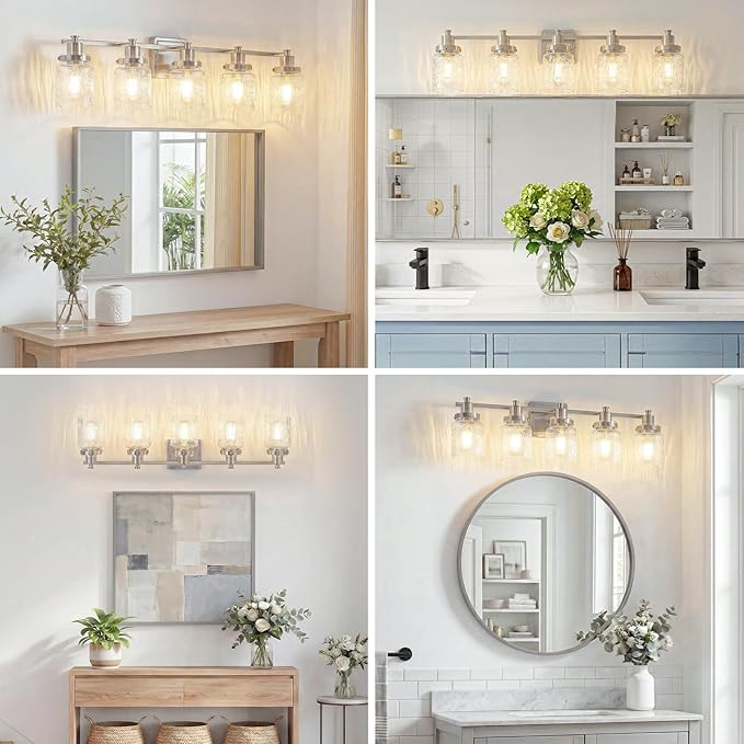 5 Lights Bathroom Light Fixtures Farmhouse Brushed Nickel Vanity Lights for Bathroom Lighting Fixtures Over Mirror with Hammered Glass Lampshade for Cabinet Mirror Bedroom Hallway