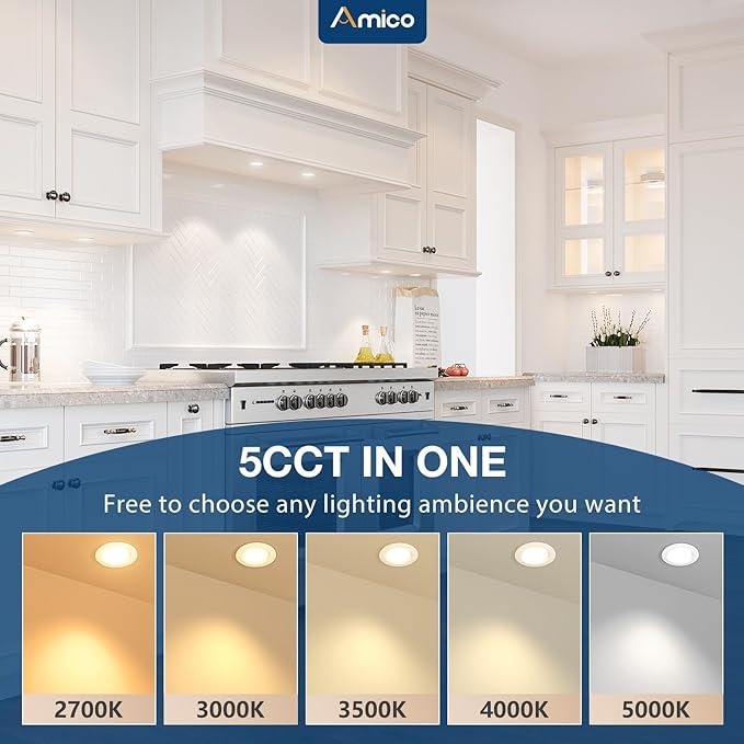 Amico 6 Pack 2 Inch 5CCT Ultra-Thin LED Canless Recessed Ceiling Light with Junction Box, 2700K/3000K/3500K/4000K/5000K Selectable, CRI90+, 6W=40W, 350LM, Dimmable Canless Wafer Downlight-ETL&FCC