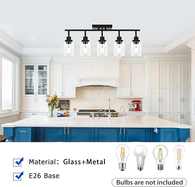 5-Light Track Lighting Kit Black Track Lighting Fixtures Bathroom Wall Sconces Ceiling Mount Kitchen Tracking Lights, Rotatable Spotlight with Clear Glass Shade for Kitchen Shop Hallway