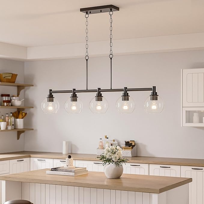 VONLUCE Dining Room Light Fixture Over Table, 5-Light Kitchen Island Lighting with Round Glass Shades & Adjustable Hanging Heights, Linear Chandlier for Dining Room Kitchen, Black, ETL Certificated