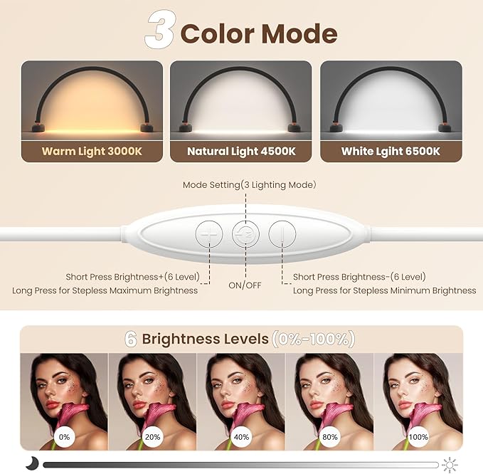 Yokilly Arc Half Moon Light: 16" Half Moon Light with Foldable Bracket for Desk Salon Table Use - No Flicker & Shadow-Free Desk Lamp with Stepless Brightness 3000-6500K for Manicurist Nail Tech