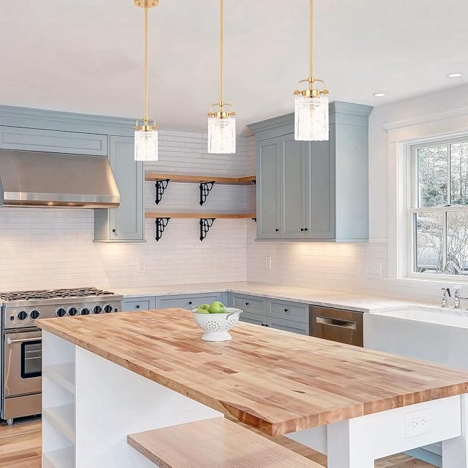 ALICE HOUSE 3 Pack Mini Modern Pendant Lights for Kitchen Island, Brushed Brass Glass Hanging Lamp, Contemporary Coastal Pendant Lighting for Dining Room, ETL Listed, AL2218-P3