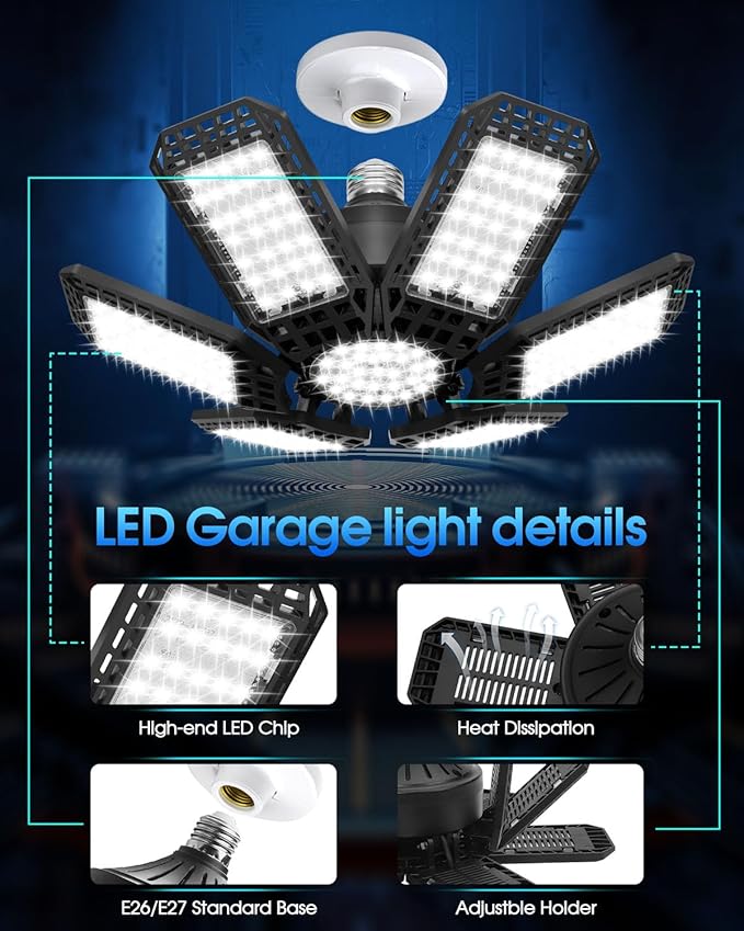 AUDLES 1 Pack Garage Light, 200W 20000LM 6500K LED Shop Lights, Garage Lights Ceiling Led with 6+1 Deformable Panels, Screw in E26/E27 Socket Bulb for Warehouse, Workshop, Basement, Barn Lighting