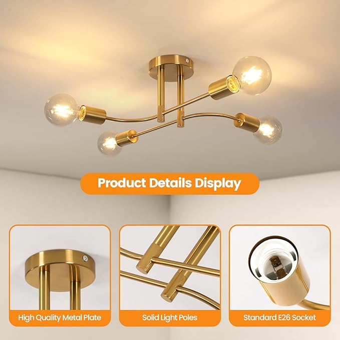 DELIPOP Sputnik Ceiling Light Fixture, 4-Light Gold Modern Semi Flush Mount, E26 Base Industrial Metal Chandelier Light Fixture Ceiling for Dining Room, Living Room, Bedroom, Kitchen
