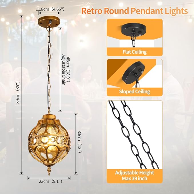 Dusk to Dawn Globe Outdoor Pendant Lights,Vintage Exterior Hanging Pendant Light Fixtures with Adjustable Chain, Aluminum Brass Outdoor Chandelier for Porch, Gazebo,with Sensor,Large