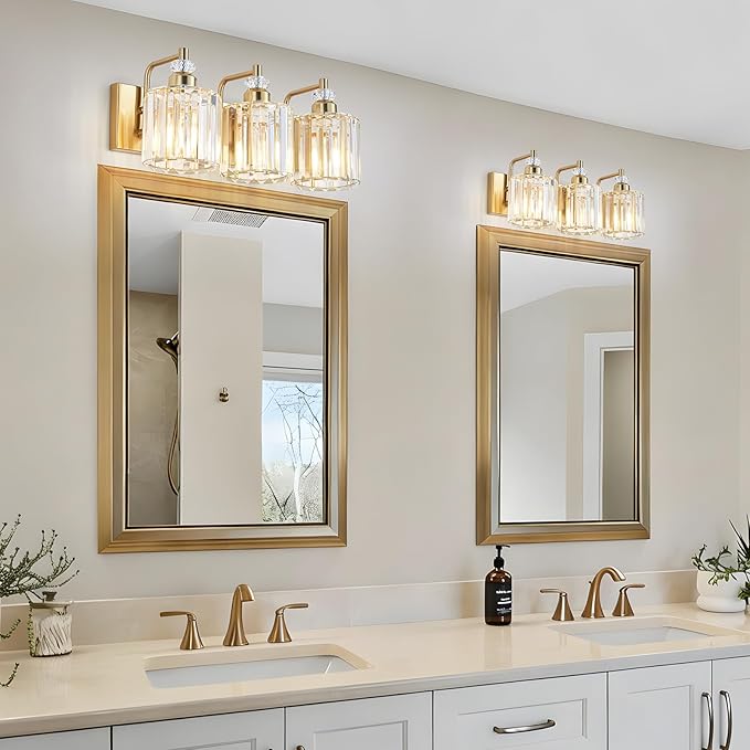 3-Light Modern Gold Bathroom Vanity Lights Brushed Brass Lighting Fixtures Over Mirror, Bathroom Vanity Lighting with Crystal Shade Wall Sconce E26 Base for Bedroom Livingroom Restroom Wall Lamp