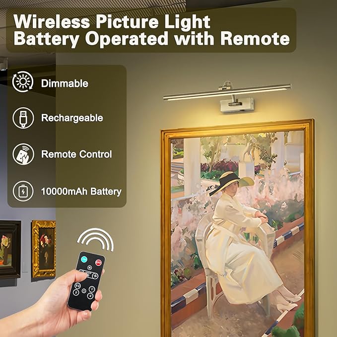 DESOOP Wireless Picture Lights Rechargeable Gallery Lighting Battery Picture Frame Light with Remote and Timer, Adjustable Art Light for Paintings, Portraits, Antique Bronze Finish 24'' Inch 5W 2700K