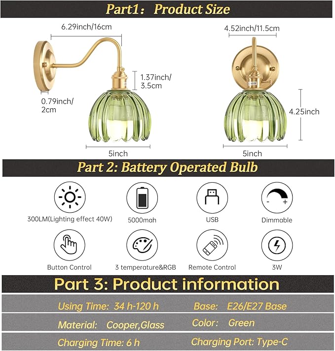 Shenmoyl Vintage Battery Operated Wall Sconce Set of 2, 5000mAh Rechargeable Wall Light, Indoor Battery Powered Wall Lamp for Bedside Bedroom Living Room, Tulip Green