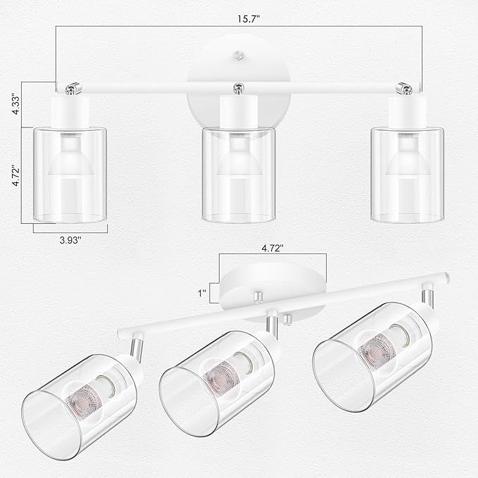 BoostArea 3-Light Bathroom Light Fixtures, White Modern Vanity Wall Lights with Clear Glass Shade,Flexibly Ceiling Light for Mirror Kitchen Living Room Hallway Cabinet Porch